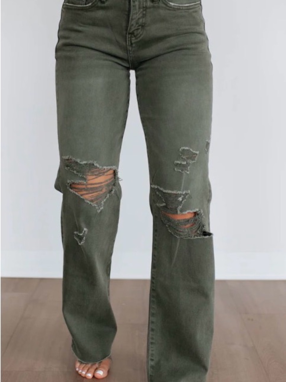 Olive Green Distressed Wide-Leg Jeans